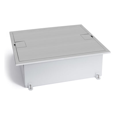 Recessed Floor Box for Concrete or Wood, Hinged Lid, 12 Decora, Stainless Steel