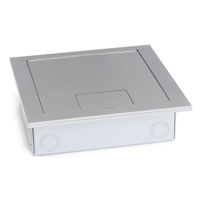 Recessed Floor Box for Concrete or Wood, Hinged Lid, 2 Decora, Stainless Steel