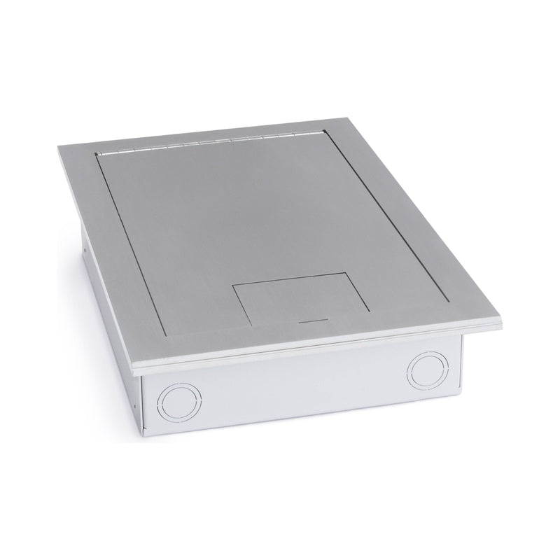 Recessed Floor Box for Concrete or Wood, Hinged Lid, 4 Decora, Stainless Steel