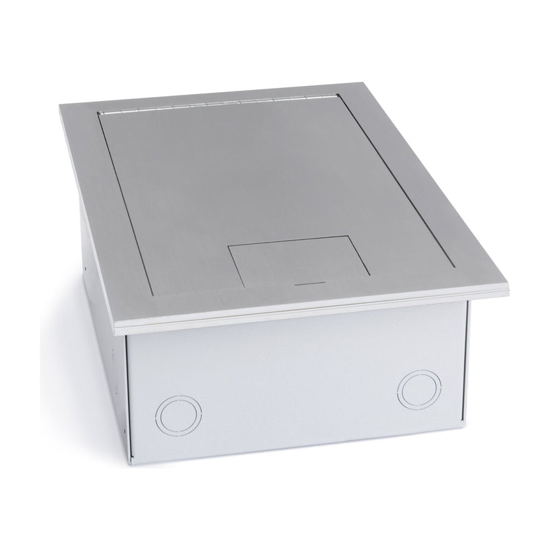 Recessed Floor Box for Concrete or Wood, Hinged Lid, 6 Decora, Stainless Steel