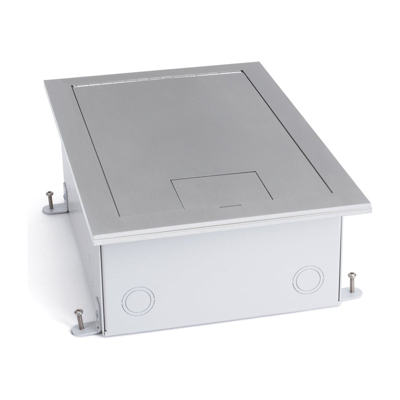 Recessed Floor Box for Concrete or Wood, Hinged Lid, 8 Decora, Stainless Steel