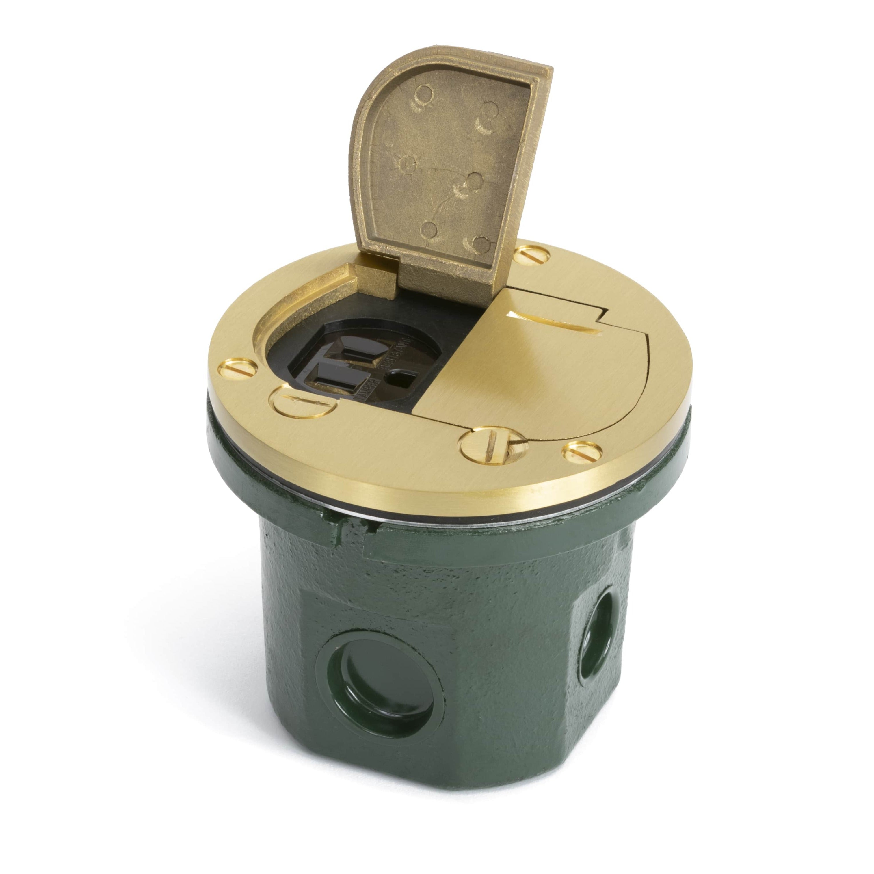 Flush Mounted Round Floor Box, One 15A Duplex, Flip Lids - Brass